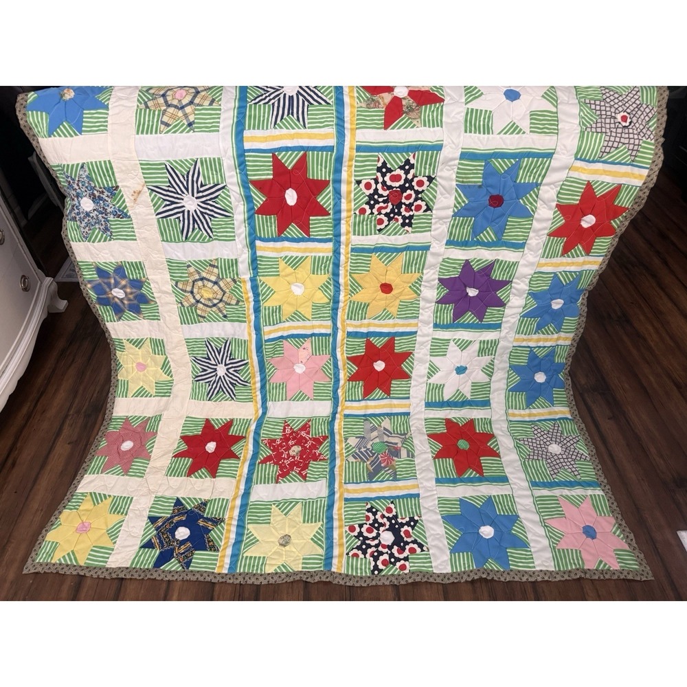 VTG Handmade Patchwork Quilt Floral Star Striped Pattern Boho Farmhouse 70x78